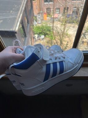 Adidas Super Cloud Foam White High-Top Sneakers with Blue Stripes and Strap